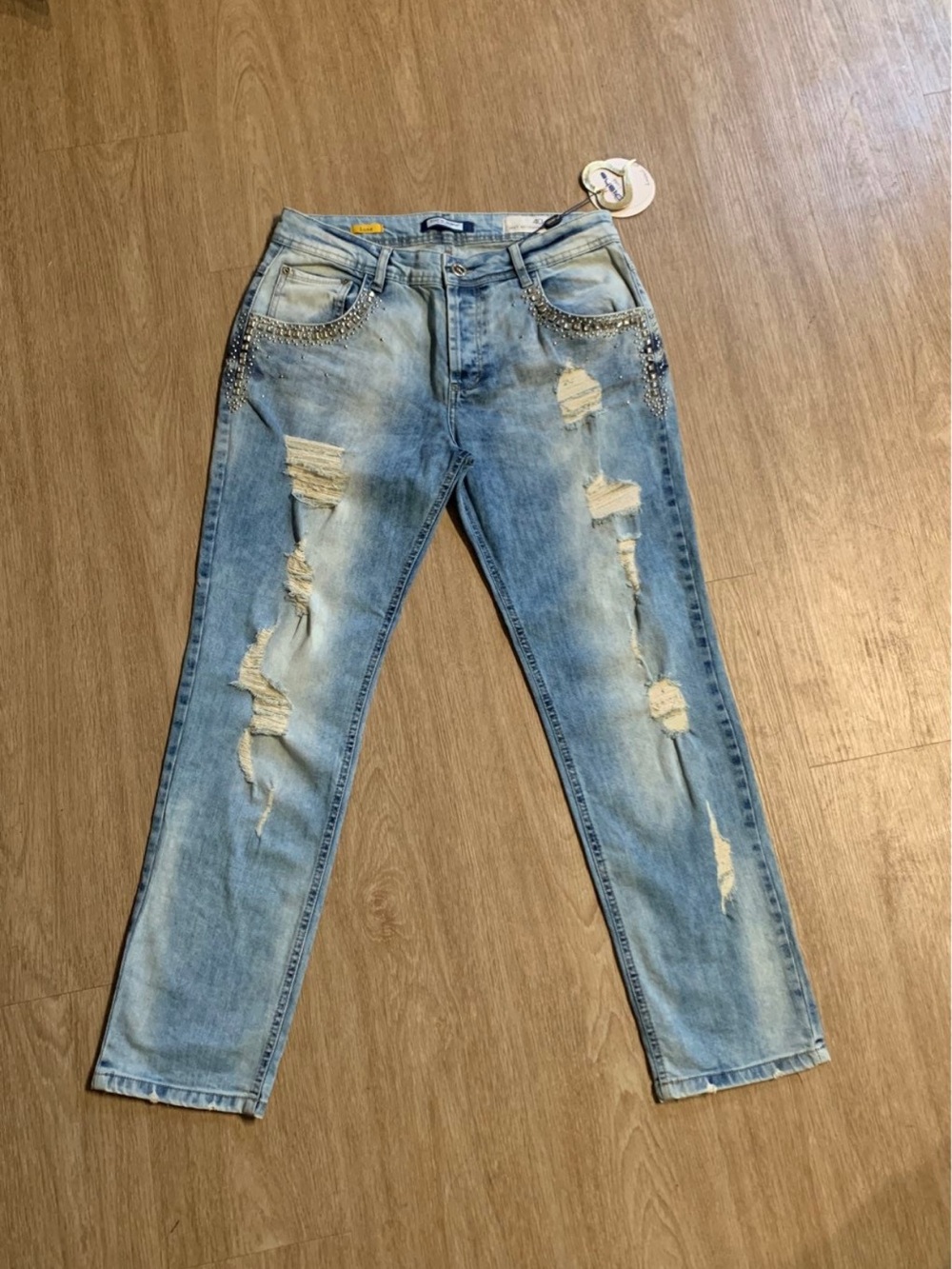 Light Blue Women's Straight Leg Distressed Jeans with Stud Accents